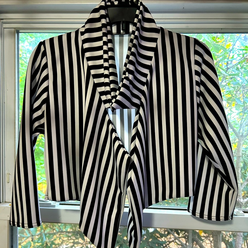 Black and white striped Beetlejuice jacket with black clip on tie